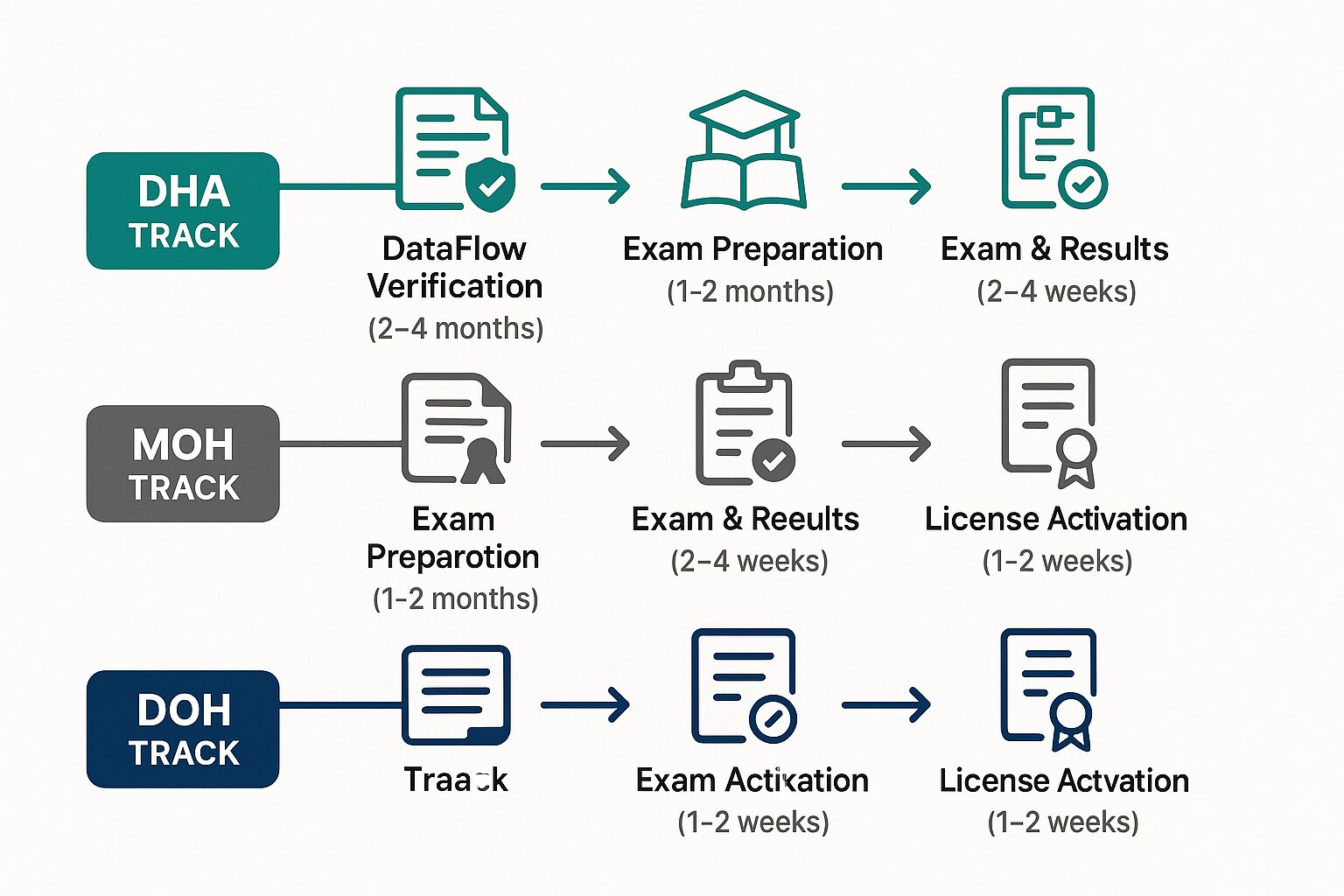 Timeline comparison of DHA MOH DOH licensing processes showing DataFlow verification, exam preparation, results, and activation stages with estimated durations