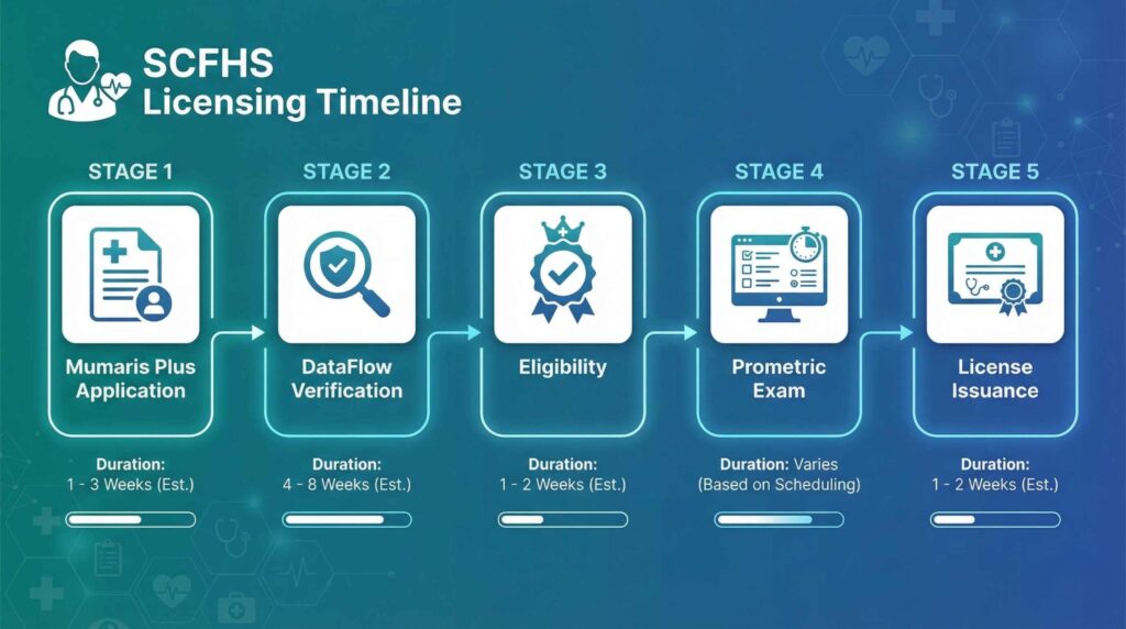 SCFHS licensing process timeline showing 5 stages from Mumaris Plus application through DataFlow verification to final license issuance