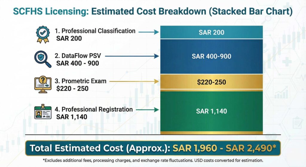 SCFHS licensing cost breakdown showing Professional Classification fee SAR 200, DataFlow verification SAR 400-900, Prometric exam $220-250, and registration fee SAR 1,140