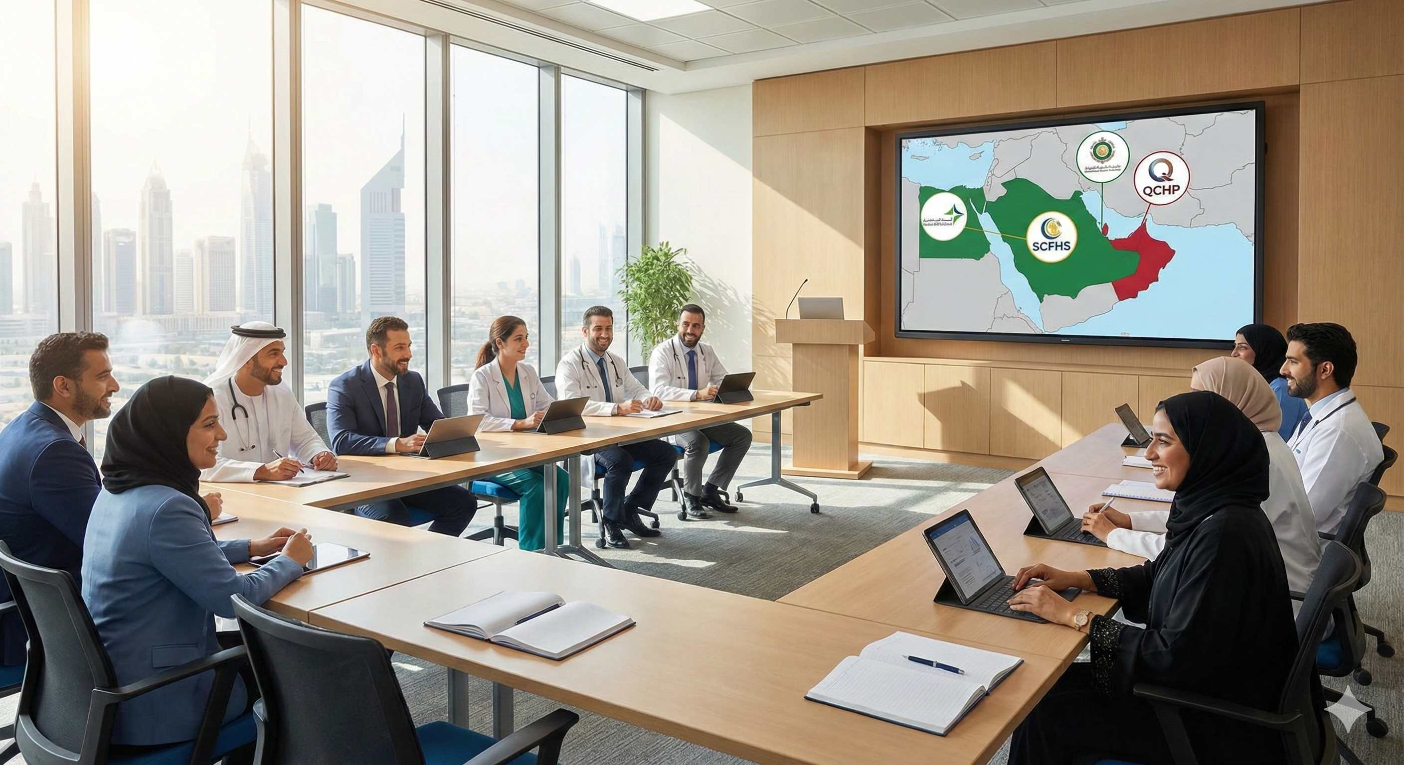 Healthcare licensing training program teaching GCC regulatory frameworks including DHA DOH SCFHS QCHP NHRA to aspiring professionals