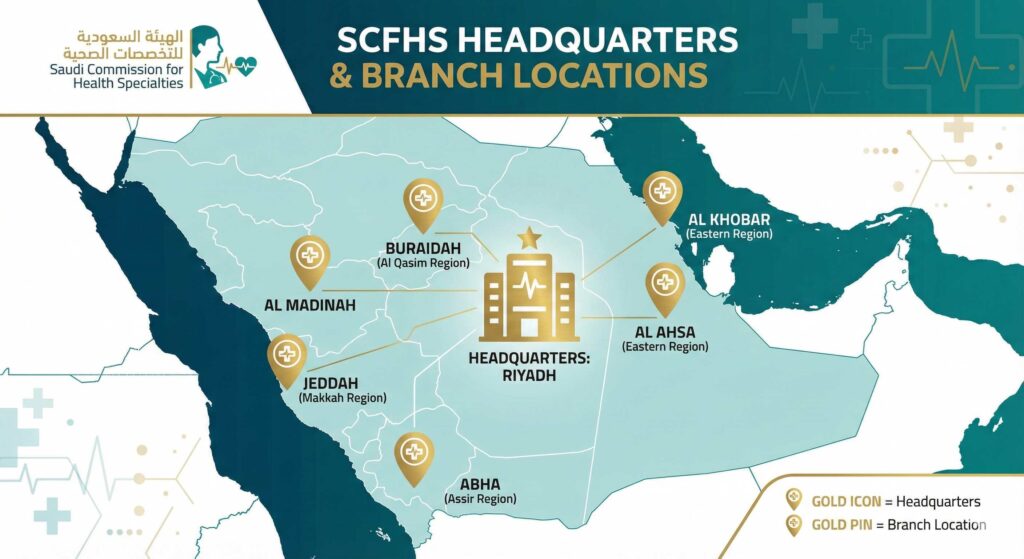 SCFHS headquarters in Riyadh with 6 regional branches across Saudi Arabia including Jeddah, Al Khobar, Abha, Al Madinah and Buraidah