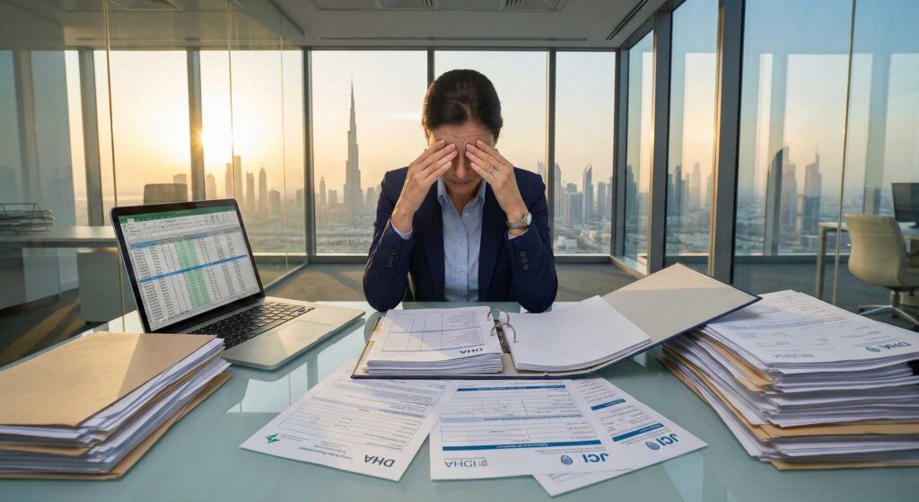Stressed hospital administrator reviewing complex GCC healthcare licensing documents and DataFlow verification forms at desk