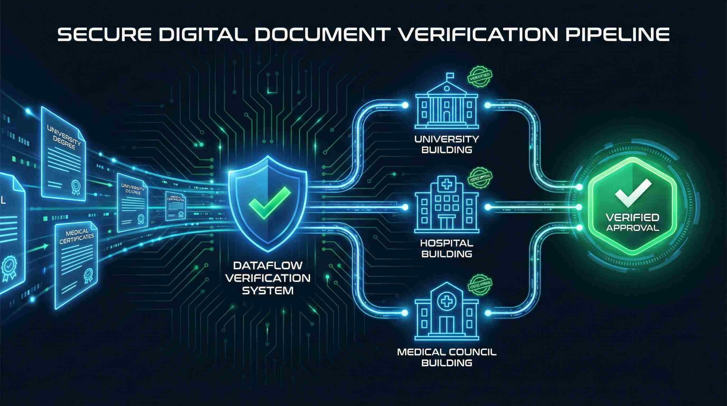 DataFlow Primary Source Verification process for QCHP license showing credential verification from universities, employers, and medical councils