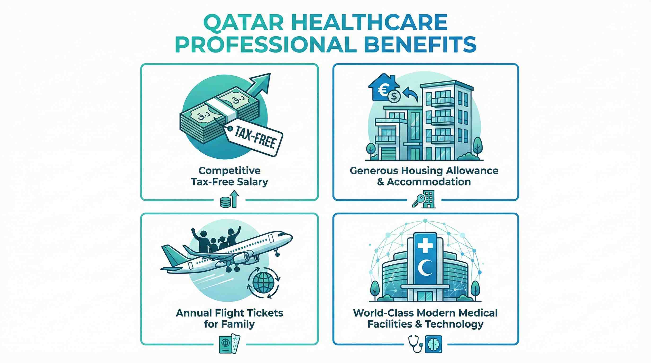 QCHP licensed healthcare professional benefits in Qatar including tax-free salary, housing allowance, flights, and modern medical facilities