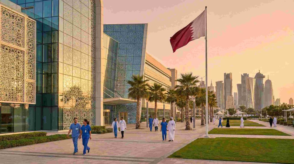 Qatar healthcare facilities with modern hospital architecture representing QCHP licensing opportunities for international medical professionals