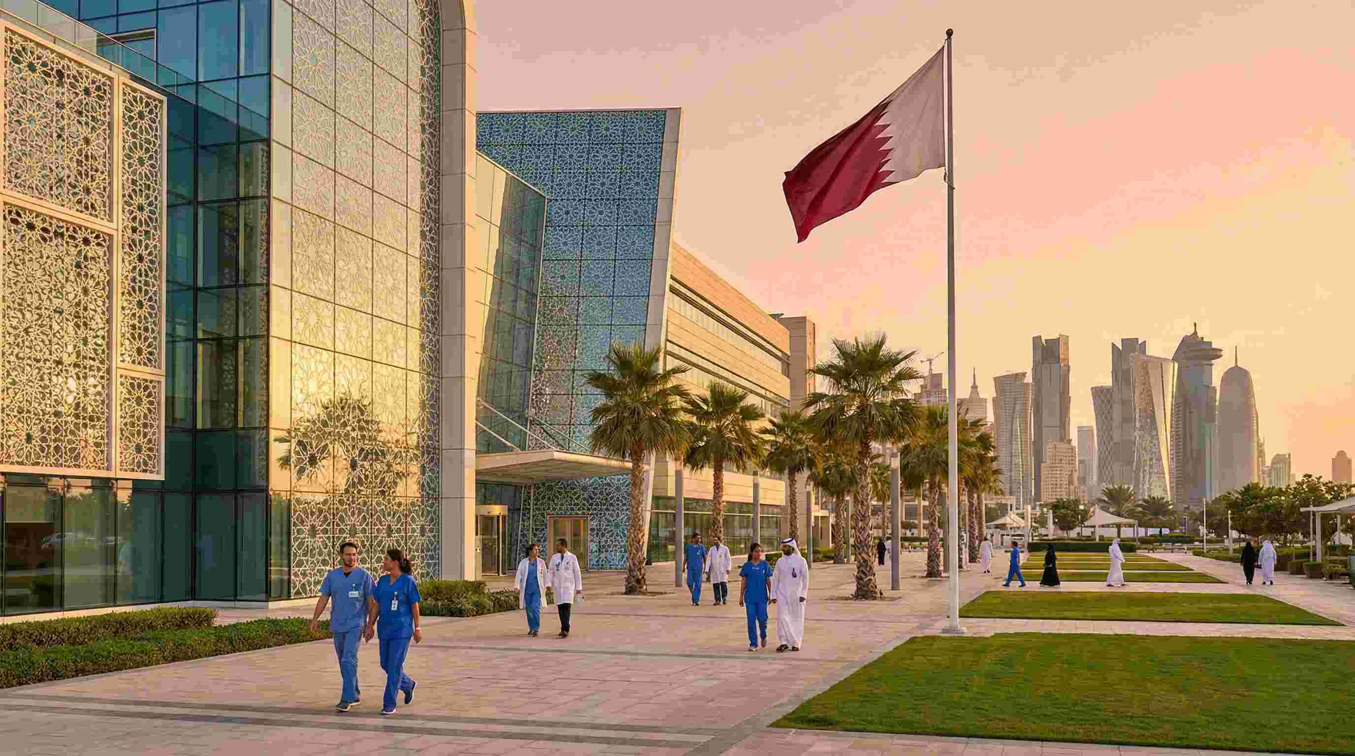 Qatar healthcare facilities with modern hospital architecture representing QCHP licensing opportunities for international medical professionals