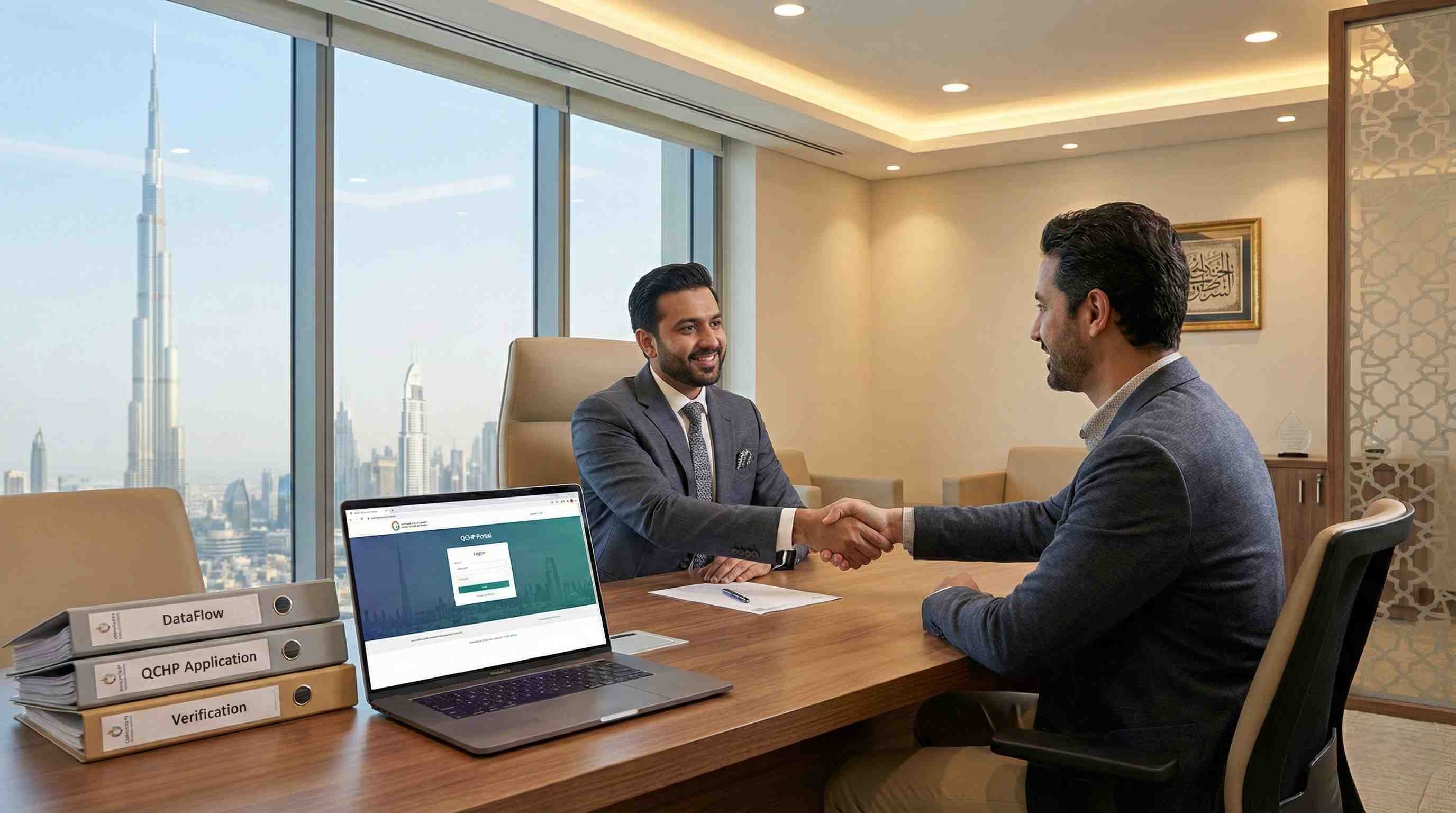 Healthcare licensing consultant providing QCHP application guidance to international medical professional in Dubai office