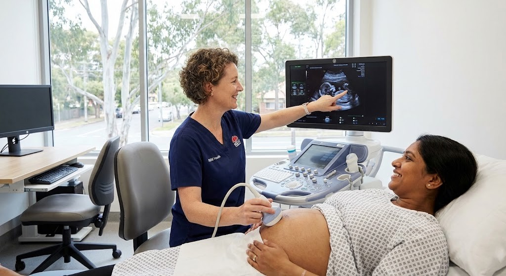 Australian midwife conducting prenatal ultrasound examination with pregnant patient in clinic