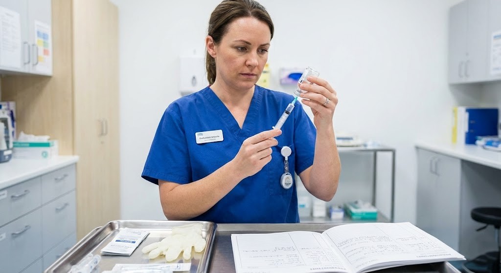 Registered midwife preparing medication administration with independent prescribing authority