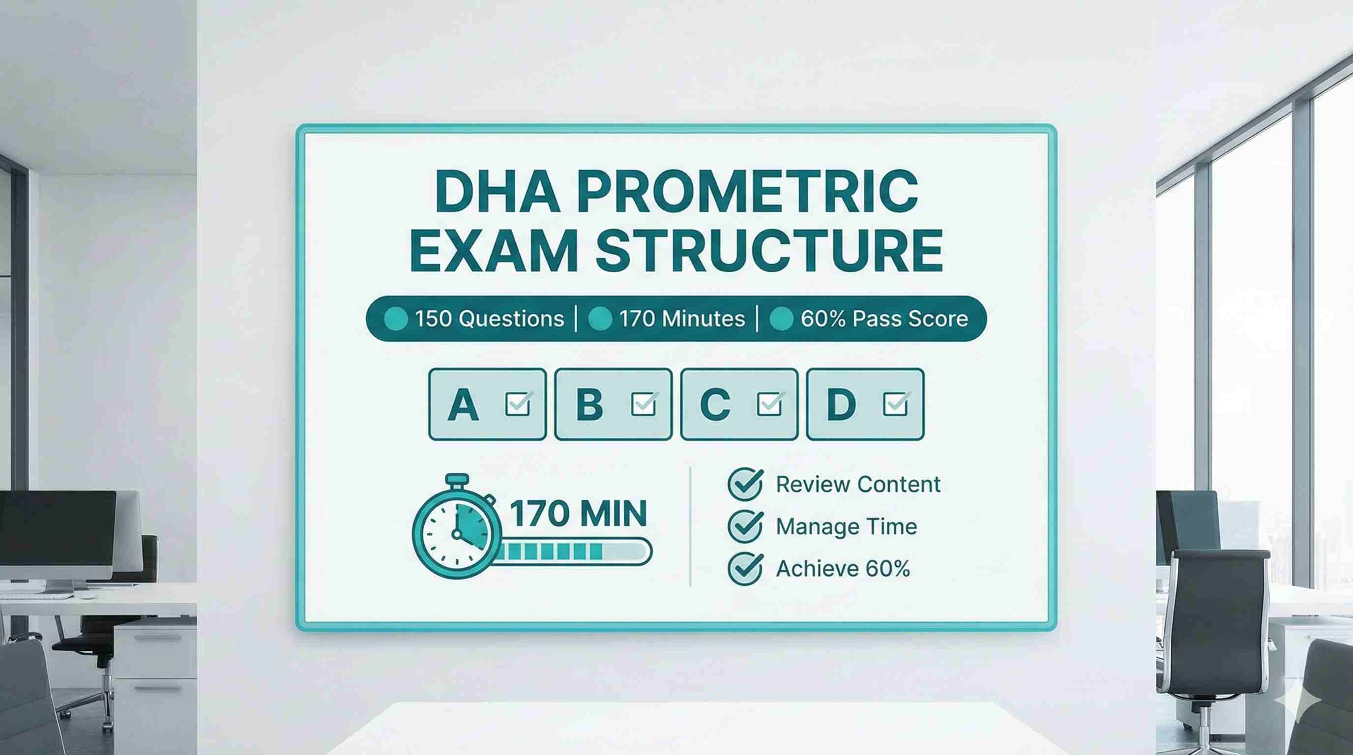 DHA Prometric exam format showing 150 questions in 170 minutes with 60% passing score
