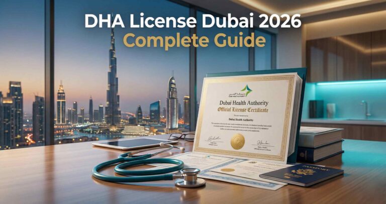 DHA license Dubai 2026 complete guide - medical credentials, stethoscope, and Dubai skyline representing healthcare licensing requirements