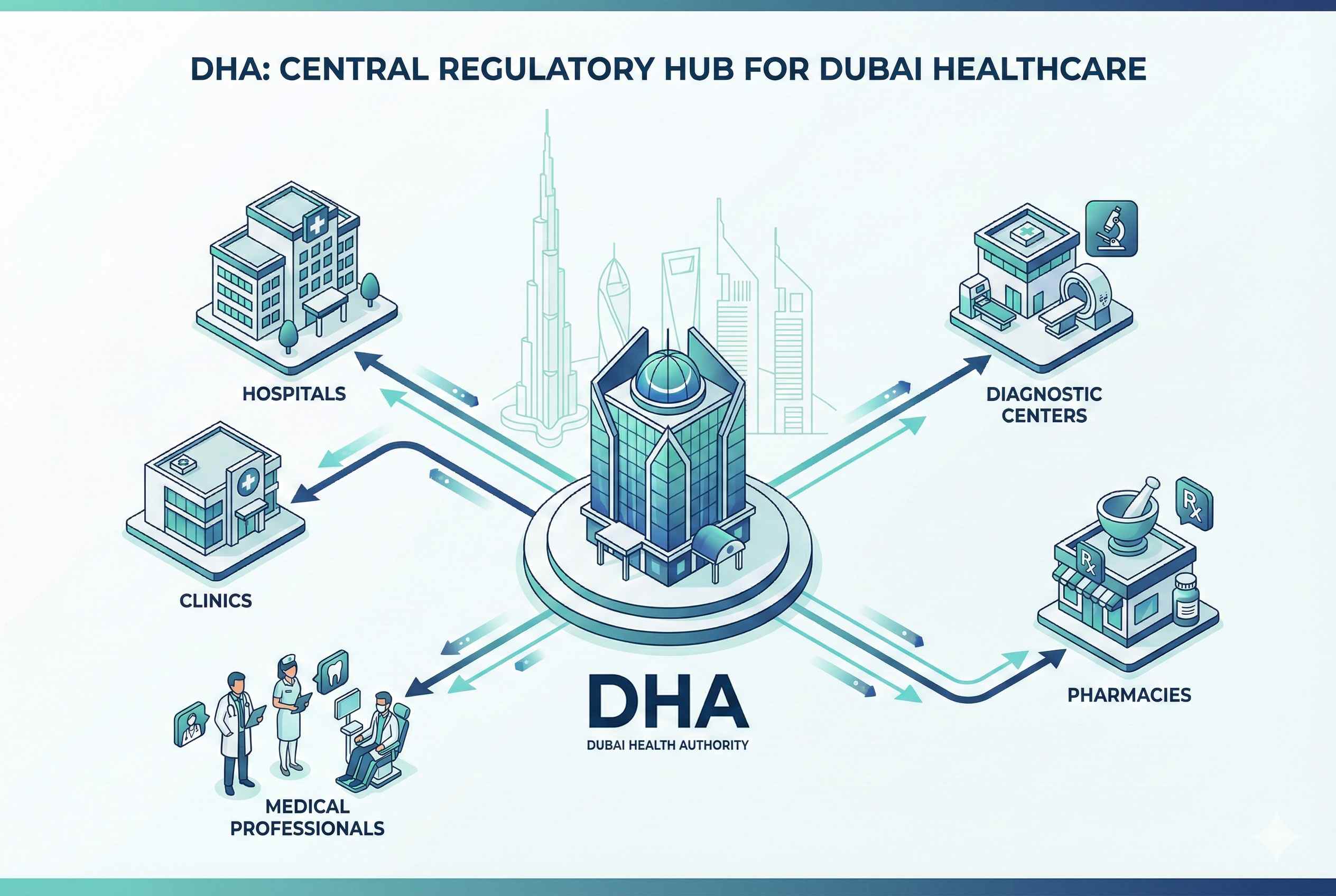Dubai Health Authority DHA regulatory structure showing central oversight of hospitals, clinics, and healthcare professionals in Dubai