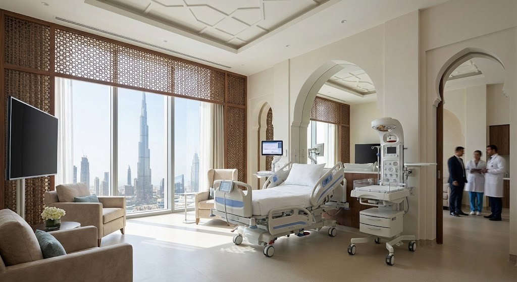 Modern luxury maternity ward in Dubai hospital showing state-of-the-art GCC healthcare facilities