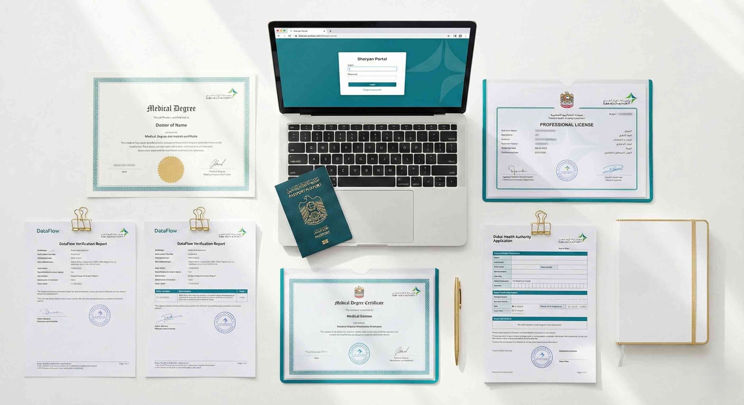 Healthcare licensing documents for DHA Prometric exam including DataFlow verification and Sheryan portal