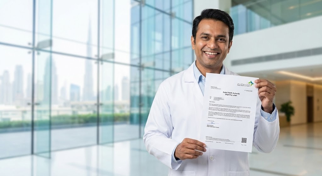 Healthcare professional celebrating after passing DHA Prometric exam with eligibility letter in Dubai