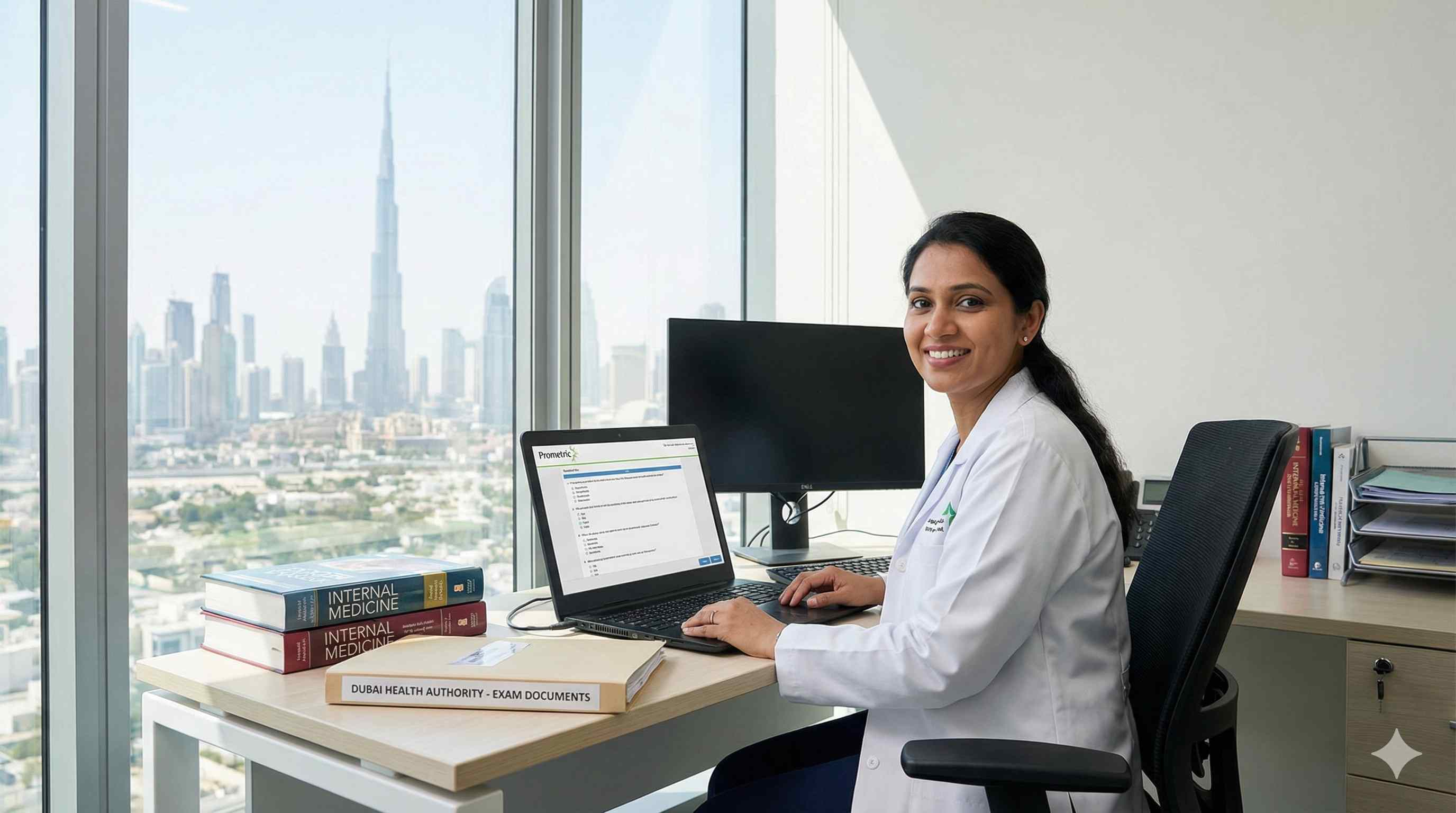 Healthcare professional taking DHA Prometric exam in Dubai with city skyline background