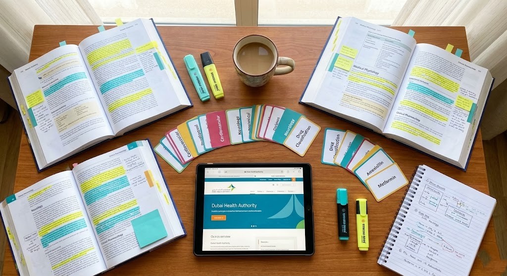 Organized medical study materials for DHA Prometric exam including textbooks, flashcards and notes