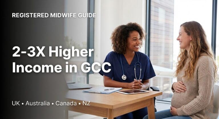 Registered midwife guide showing GCC career opportunities with 2-3 times higher income for UK, Australian, Canadian and New Zealand midwives