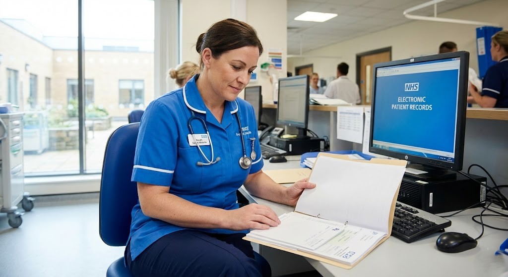 UK registered midwife reviewing patient records and prescribing medication in NHS hospital
