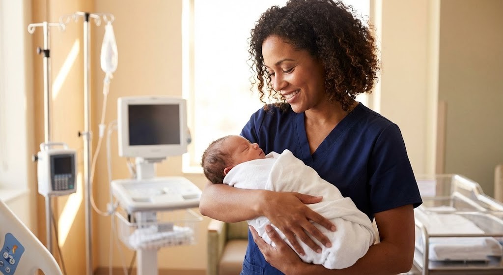 Registered midwife holding newborn baby in modern hospital maternity ward