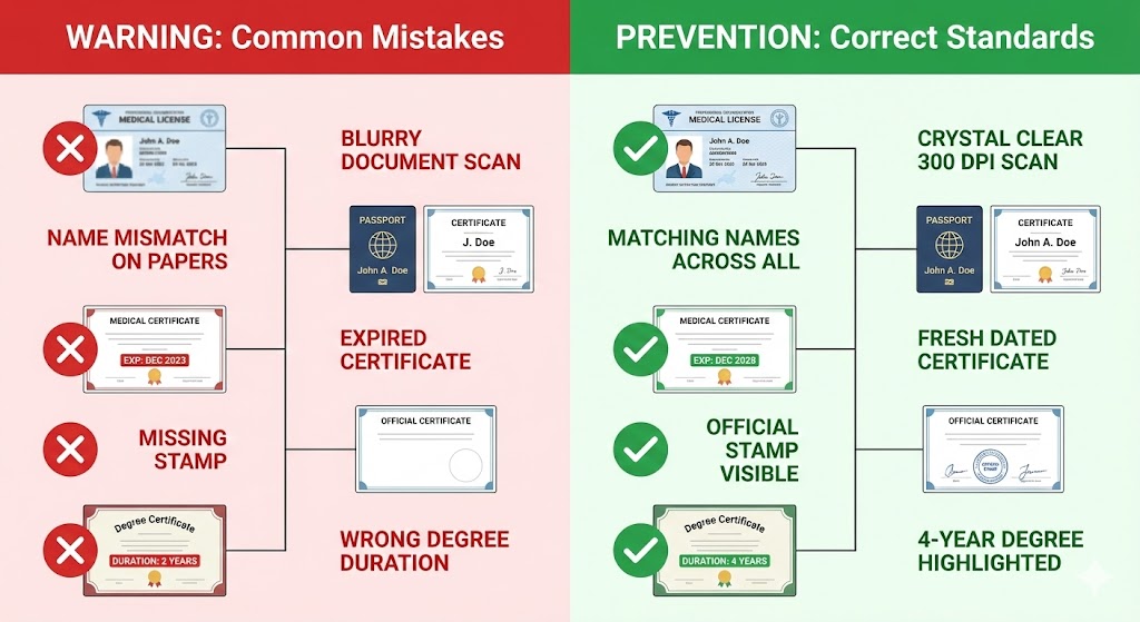 Common DHA DataFlow rejection reasons versus correct document submission practices comparison guide