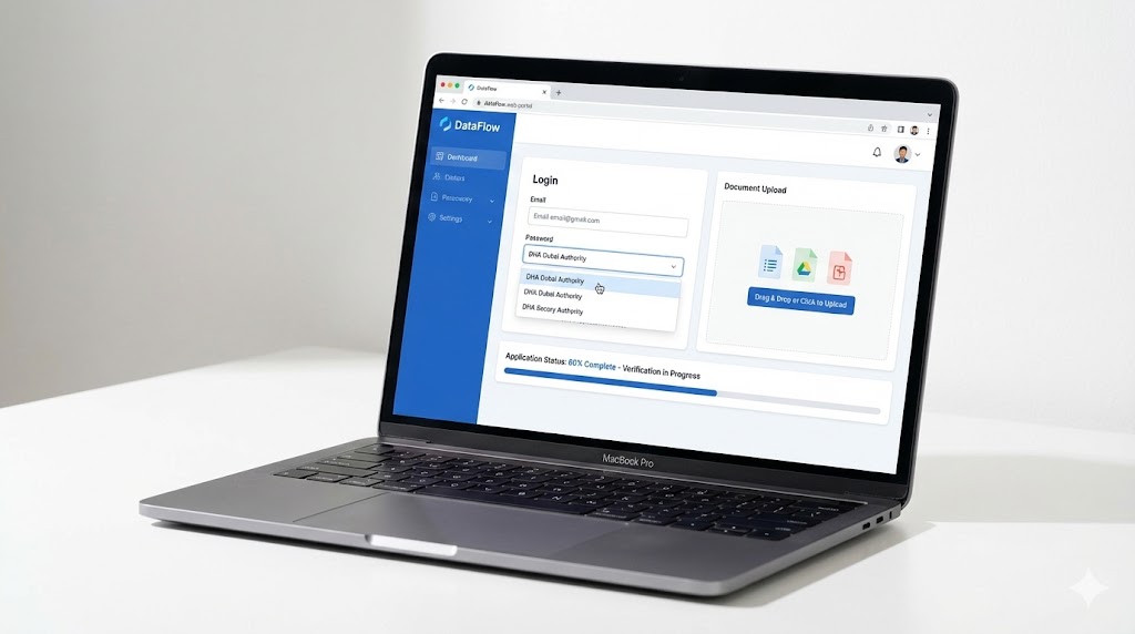 DHA DataFlow portal dashboard interface showing login screen and application tracking features
