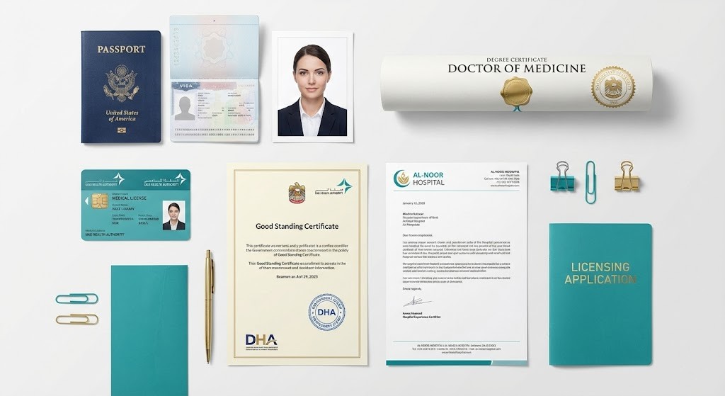 Complete set of required documents for DHA DataFlow verification including passport, certificates, and licenses