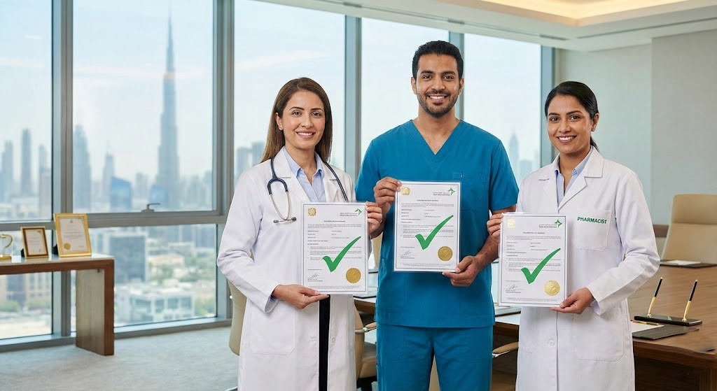 International healthcare professionals holding verified DHA DataFlow documents in Dubai with Burj Khalifa skyline