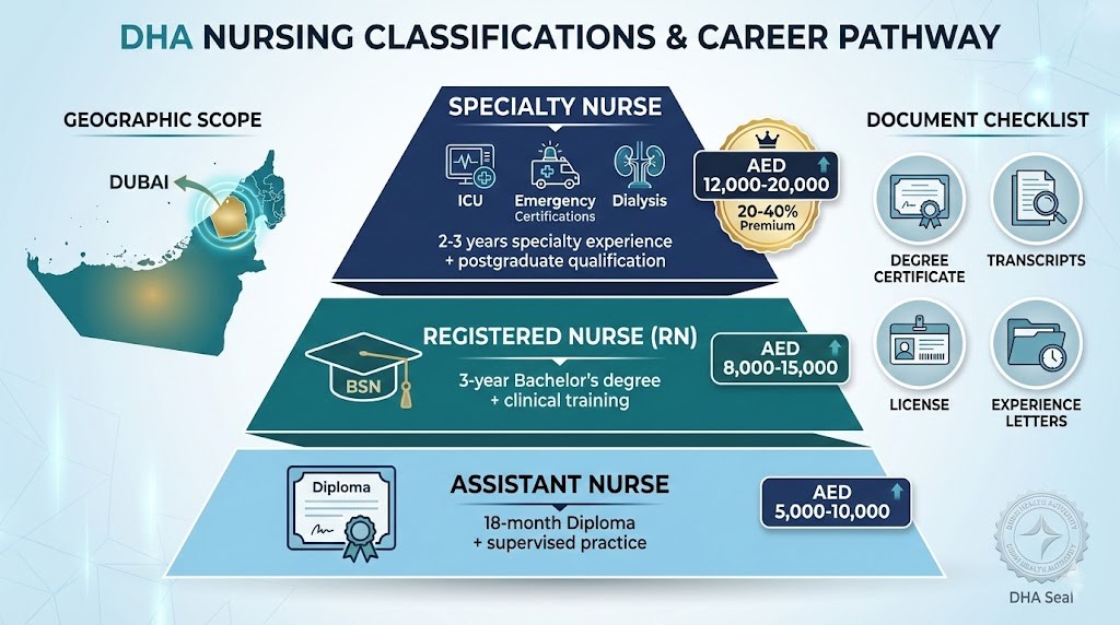 DHA nursing license classification levels showing BSN registered nurse, diploma assistant nurse, and specialty nurse requirements