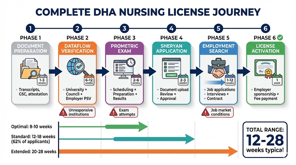 Complete DHA nursing license timeline flowchart showing 12-18 week process from documents to activation across six phases