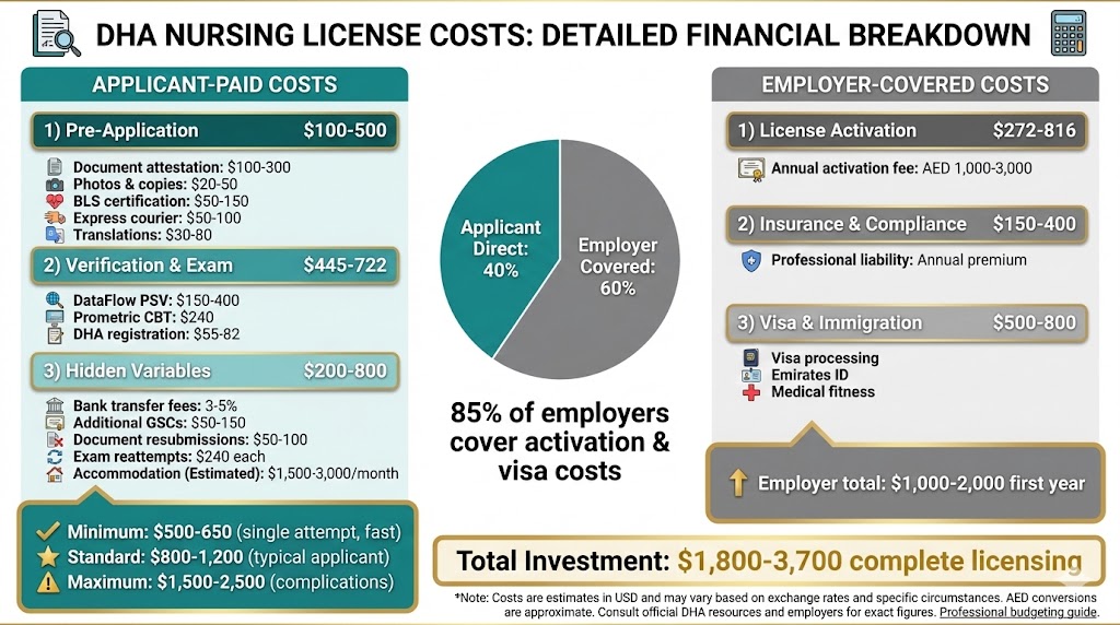 DHA nursing license cost breakdown infographic showing $800-1200 applicant investment versus $1000-2000 employer costs
