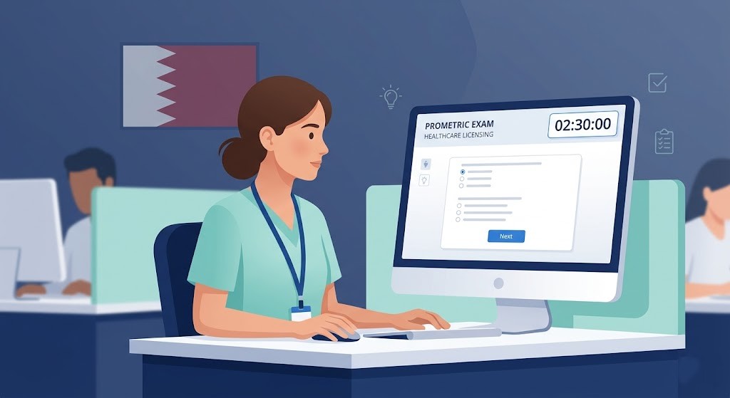 Healthcare professional sitting NHRA Bahrain Licensure Examination at a Prometric test centre