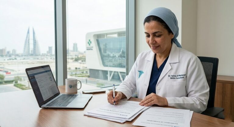 Healthcare professional reviewing NHRA license documents for Bahrain with city skyline in background