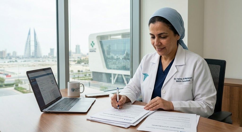 Healthcare professional reviewing NHRA license documents for Bahrain with city skyline in background